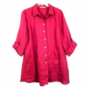 Soft Surroundings Red Linen Button Up Shirt Front Pockets Medium